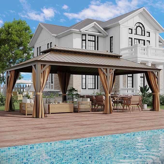 14' X 22' Hardtop Gazebo, Outdoor Galvanized Steel Double Roof Permanent Aluminum Frame Pavilion Pergola Canopy with Privacy Curtains for Garden, Patio, Backyard, Deck and Lawns.