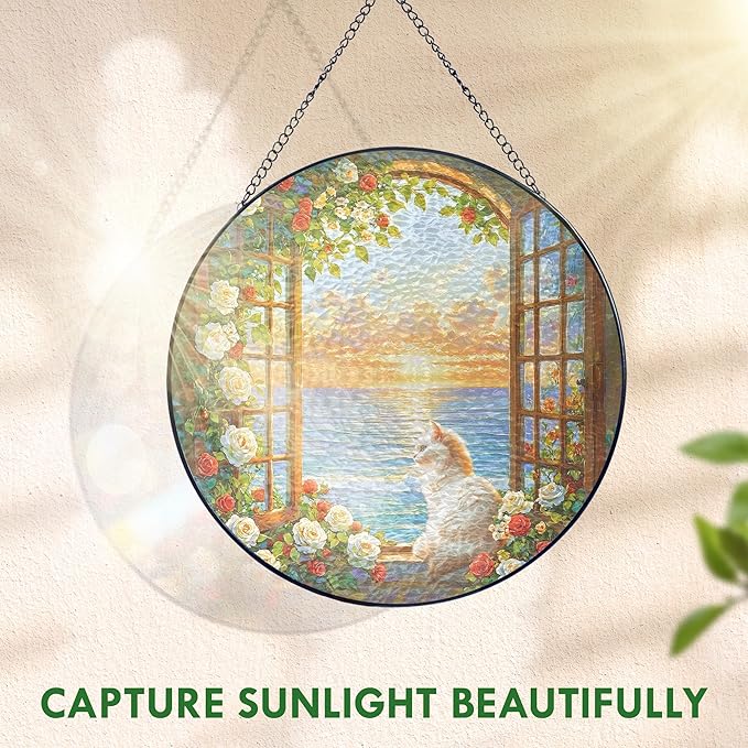 FLAGWIX Christmas Cat Gifts for Women - Stained Glass Window Hanging 10 in - Beach Gifts for Women Mom Grandma, Gift for Cat Lovers, Suncatcher Holiday Christmas Decorations for Home, Coastal Decor