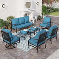 7 Piece Metal Outdoor Patio Furniture Set, Patio Conversation Sets 3-seater Sofa, 2 Fixed Chairs, 2 Swivel Chairs, 2 Ottomans with 5.75" Thick Cushion, Black Backyard Furniture, Blue-2