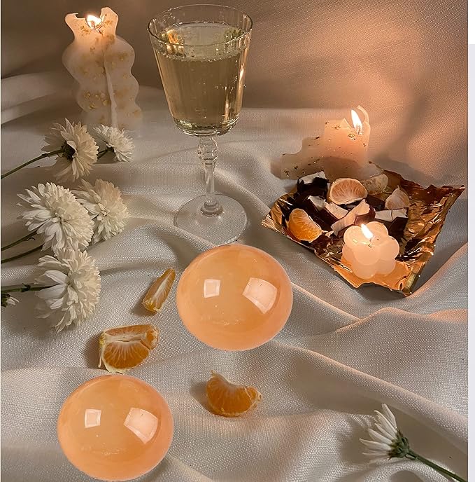 JIC Gem 2inch Natural Orange Calcite Healing Quartz Crystal Sphere Gemstone Ball with Wood Stand for Fengshui Healing and Decoration