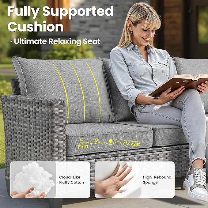 ovios 8 Pieces Patio Furniture Set Outdoor Sofa Couch with Solar Lights Table Comfy Cushions, Modern Deep Seat Wicker Rattan Conversation Set for Porch Deck, Dark Grey