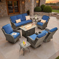 ovios 8 Pieces Patio Furniture Set, Outdoor Wicker Sofa Couch with Swivel Chairs 42" Fire Pit Table, High Back All Weather Modern Conversation Sets, Brown Rattan, Navy Blue