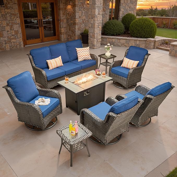 ovios 8 Pieces Patio Furniture Set, Outdoor Wicker Sofa Couch with Swivel Chairs 42" Fire Pit Table, High Back All Weather Modern Conversation Sets, Brown Rattan, Navy Blue