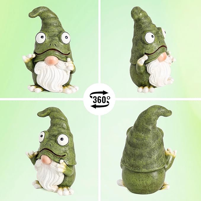 Outdoor Garden Frog Gnome Statue, Garden Gnomes Outdoor Figurine, Sculptures & Statues, Decoration for Outside Yard Lawn Patio Porch Home Decor, Green Nomes Knome Ornament