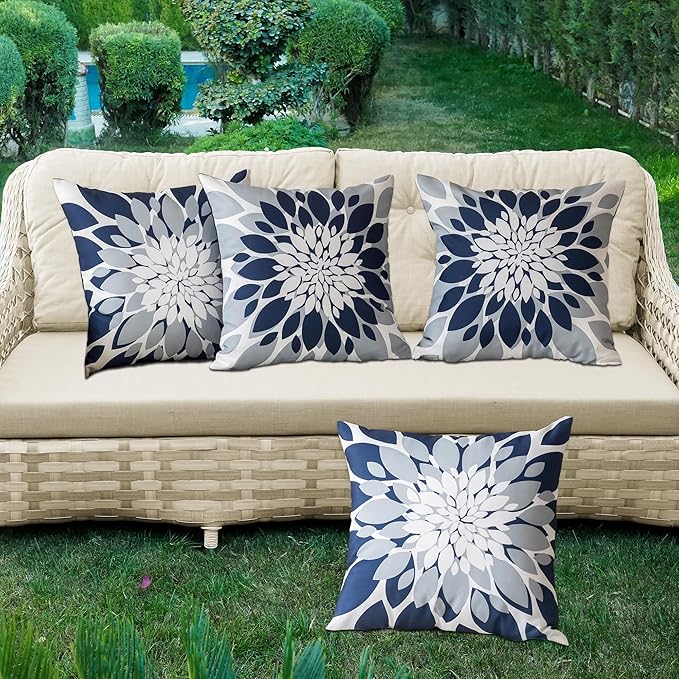 Qahing Pack of 4 Outdoor Waterproof Pillow Covers 18x18 Decorative Outdoor Throw Pillows Garden Square Cushion Cases for Patio Furniture, Couch, Tent Sunbrella, Bench, Navy Blue Grey