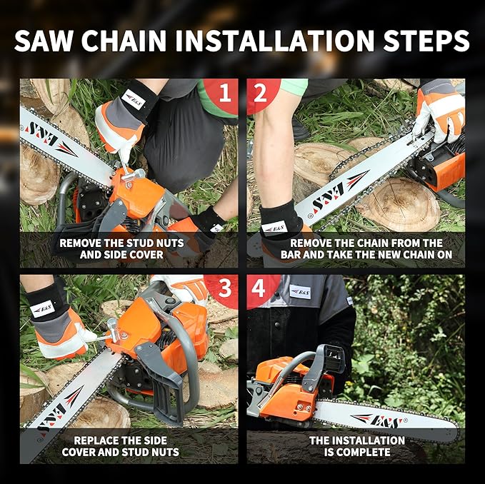 E & S 3 Pack 8 Inch Chainsaw Chain 3/8" LP Pitch .043" Gauge 34 Drive Links Semi-Chisel Chain Saw Chains for Husqvarna, Poulan, Craftsman, Greenworks and More Chainsaw Brands
