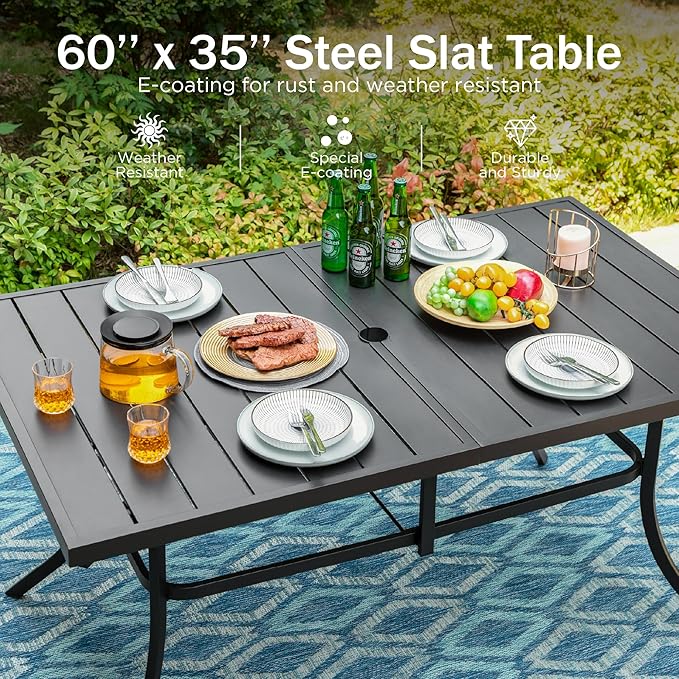 PHI VILLA 7 Piece Outdoor Dining Set for 6, 60” Rectangular Metal Steel Table with Umbrella Hole & Stacking Wrought Iron Chairs, Large Furniture Set for Patio, Deck, Yard - Black