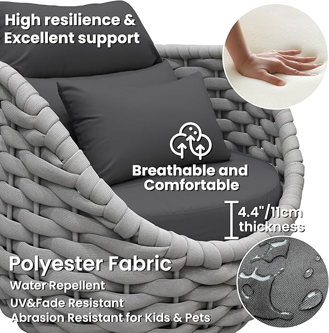 6 PCS Deck Furniture Accent Chair: Aluminum Woven Rope Chair - Outdoor Lounge Armchair Cushioned - Modern Patio Seating Assembled - All Weather for 400lbs Porch Lanai Balcony Yard Garden Hotel