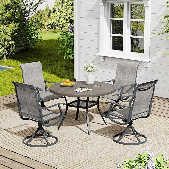 VICLLAX Outdoor Patio Round Dining Table, 41"x 41" Metal Slatted Round Tabletop with Adjustable Umbrella Hole for Deck Lawn Garden Backyard, Antique Grey