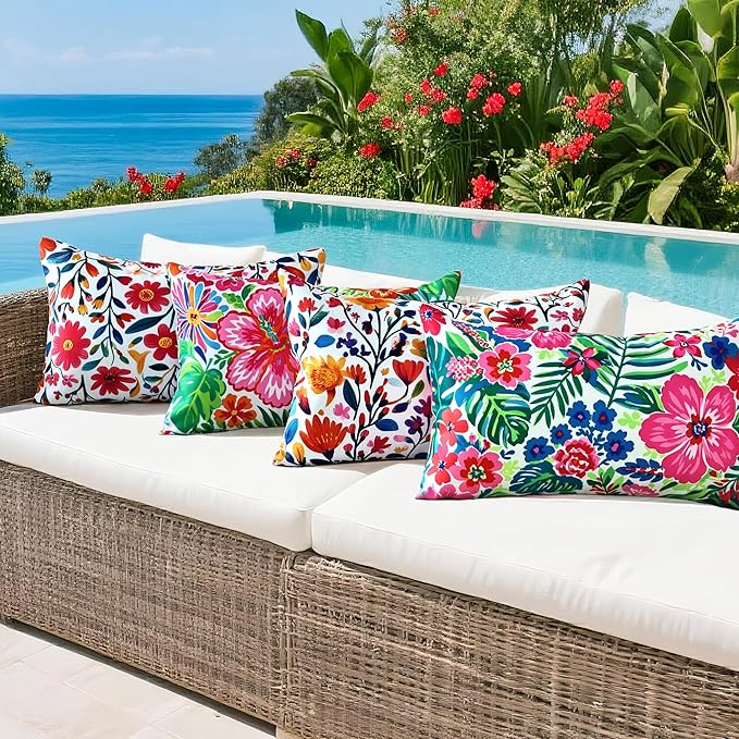Outdoor Pillow Covers 12x20 Inch Set of 2 Tropical Floral Plants Boho Throw Pillows Cases Waterproof Lumbar Garden Cushion Sham for Patio Funiture Tent Balcony Bench Sofa Couch