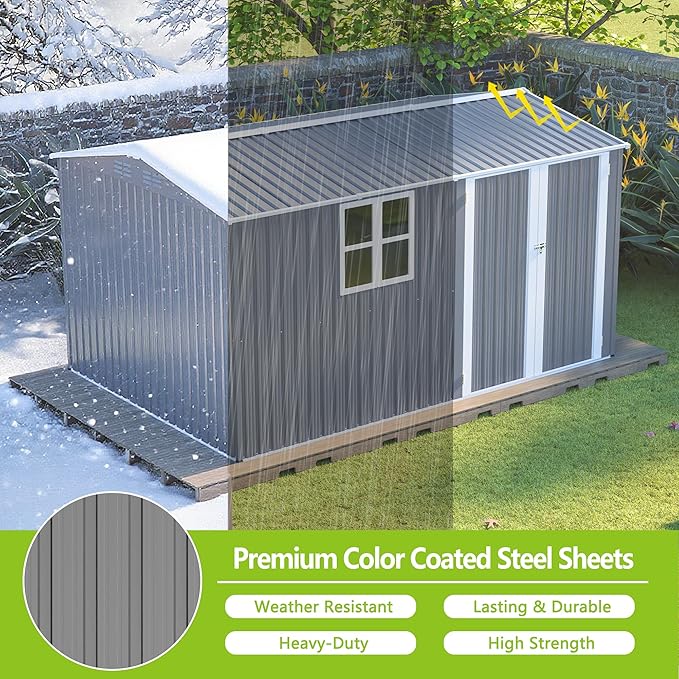 8×12 Ft Metal Outdoor Storage Shed with Floor Base and Window, 0.25mm Galvanized Steel Metal Garden Shed Waterproof with Lockable Door for Backyard, Patio, Garden, Dark Grey