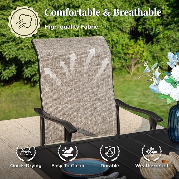 Patio Dining Set, 7 Person Outdoor Table and Chairs, 6 x Textilene Swivel Dining Chairs and 60" Rectangle Black Table, for Cozy Garden Settings, Grayish Brown