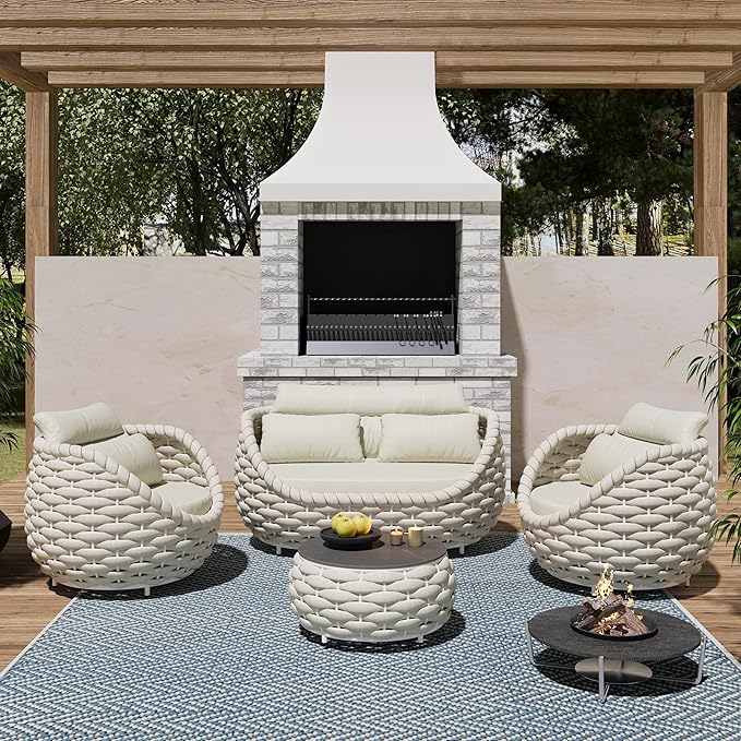 Patio Accent Chairs: Aluminum Porch Lounge Chair with Arms - Woven Rope Cushioned Armchair - Modern One Seater Sofa - Outdoor Deck Furniture for 400lbs Balcony Yard Garden Hotel, Beige