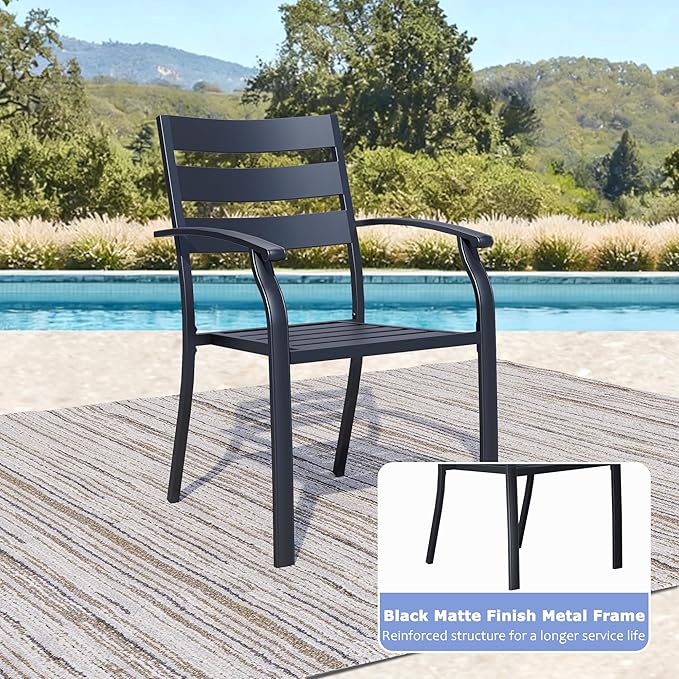 Patio Dining Chairs Set of 2, Black Stackable Outdoor Dining Chairs with Armrest and Wide Back, Wrought Iron Patio Furniture Chairs for Lawn, Backyard, Garden & Deck, Supports 300 LBS