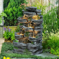 7-Tiers Garden Waterfall Fountain Outdoor - Water Fountains and Waterfalls, Outdoor/Indoor Floor Standing Resin Water Fountain with LED Light for Patio, Garden and Backyard, Deck, Porch, Home