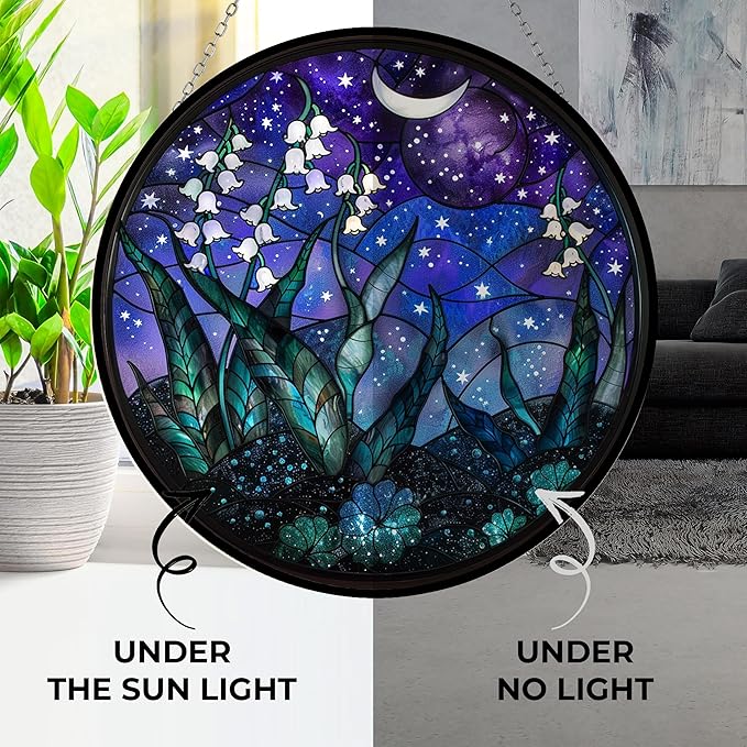 Customized Night Lily of The Valley Stained Glass Window Hanging Sun Catcher Halloween Haning Ornament Decoration Christmas Birthday Gifts for Lover, Friends