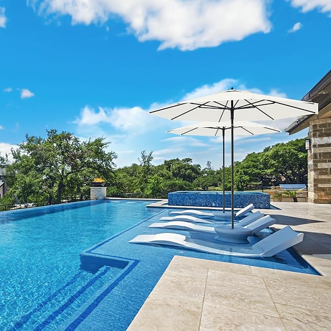 Midtown Umbrellas The Wooden 8 Feet Patio Umbrella With Sunbrella White Acrylic Fabric - Aluminum Frame Market Umbrella For Backyard, Deck, Garden, Pool - Wooden Pole