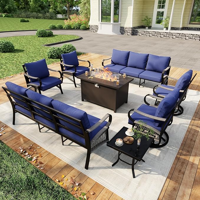8 Pieces Modern Patio Furniture Set, All Weather Metal Outdoor Conversation Sets with Fire Pit Table for Backyard Garden Deck Porch Poolside, Blue