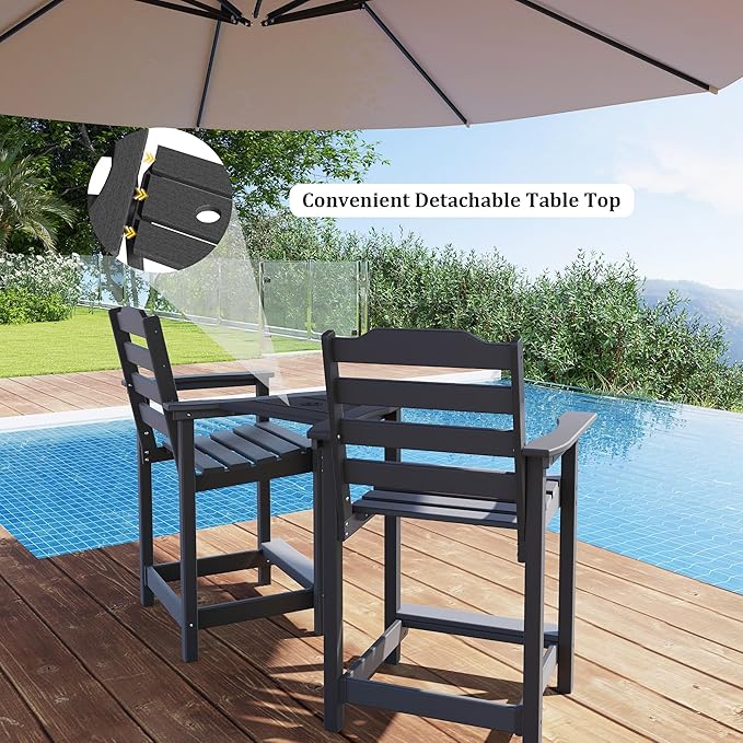 OTSUN Tall Adirondack Chairs Set of 2 with Connecting Tray, 24 inches HDPE Bar Height Outdoor Chairs, All Weather Resistant for Balcony, Porch, Kitchen (2 PCS, Black)