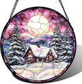 Stained Glass Window Hanging - Winter Snow Scene Cabin Moon Sun Catcher for Door Garden Home Decor Pine Tree Suncatcher Christmas Mother's Day Birthday Gifts for Women Men Mom Nana 9.8 in
