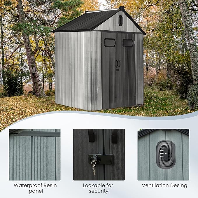 Domi 5x3 FT Outdoor Resin Storage Shed, All-Weather Double-Wall Storage Building for Backyard, Garden, Lawn Tools, Mower, Bike & Pool Equipment, Lockable Doors, Ventilated Roof, Grey