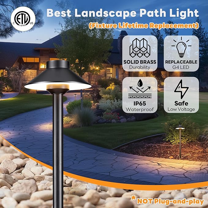 Gardenreet Outdoor Brass Pathway Lights - Black Low Voltage Landscape Path Lighting Wired, 12v Walkway Light LED IP65 Waterproof, Hat-Top for Outside Garden Yard Driveway G4 Bulb Not Included