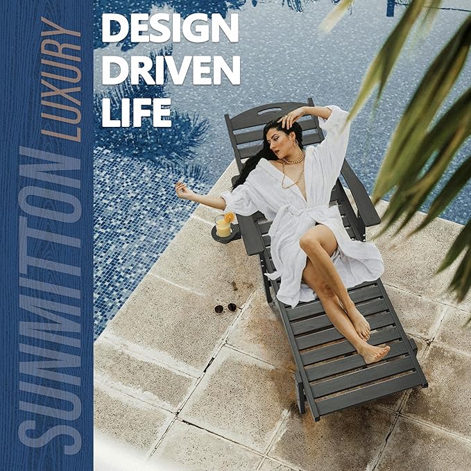 Patio Chaise Lounge Chair Set of 4, HDPE Outdoor Lounge Chairs with 5-Position Adjustable Backrest, Cup Holder and Wheels, 450lbs Capacity for Poolside Deck Backyard, All Weather Material(Gray)
