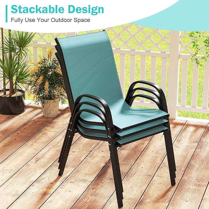 Tangkula Patio Dining Chairs Set of 4, Outdoor Stackable All Weather Heavy Duty Dining Chairs Set with Armrests, Support 330 LBS, for Poolside, Backyard, Garden, Deck, Front Porch (Turquoise Blue)