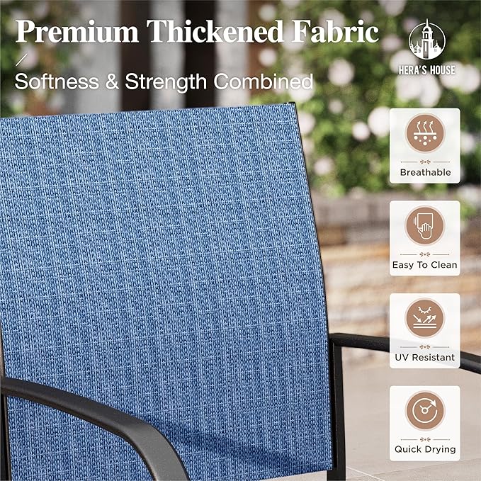 HERA'S HOUSE Patio Dining Chairs Set of 8, 36" Textilene Fabric Outdoor Chairs with Wrought Iron Metal Frame Support 350lbs for Lawn Backyard Garden Kitchen, Blue