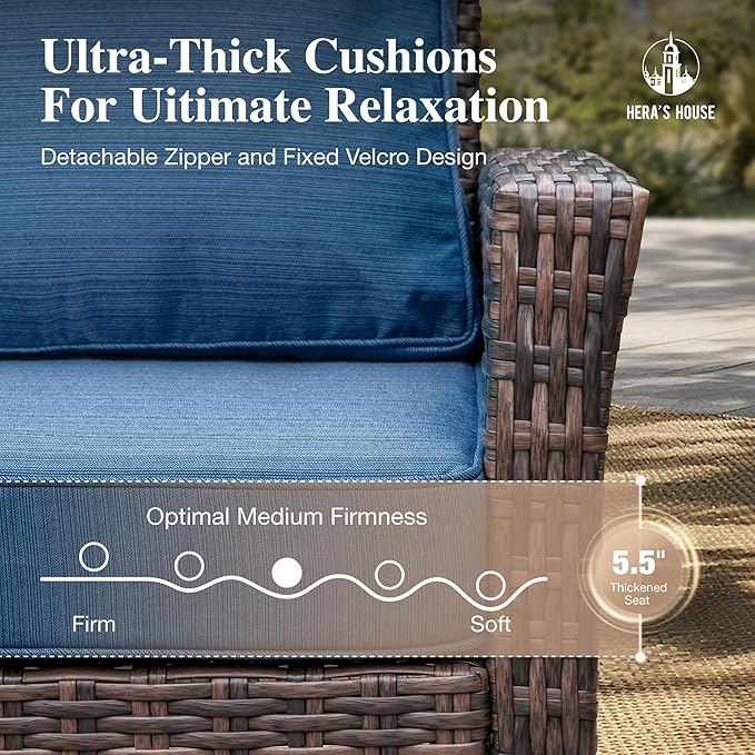 HERA'S HOUSE Wicker Patio Furniture Set, High Back Swivel Chairs with 5.5-Inch Thick Cushions, 6-Piece Outdoor Deep Seating Conversation Sets with Fire Pit Table & Ottomans for Deck Yard Garden, Blue