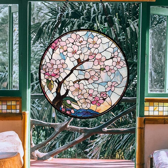 Stained Glass Window Hanging - Cherry Blossoms Suncatcher for Door Garden Home Decor Pink Flowers Sun Catcher Christmas Birthday for Friend Lovers Women Mom Nana 11.8 in