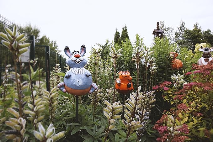 Ceramic Garden Decor - Bunny Lawn stake - Outdoor statue - Perfect, unique gifts for gardeners woman, men, yard gifts - Handmade, Frostproof