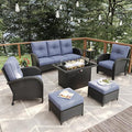 7 Pieces Patio Furniture Sets with Fire Pit Table, Wicker Rattan High Back Outdoor Armchairs Set with 3-Seat Couch, Ottomans and Side Table