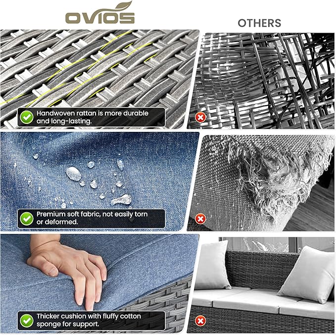 ovios 9 Pieces Patio Furniture Set, Outdoor Wicker Sofa Couch with Swivel Chairs Ottomans Comfy Cushions, High Back All Weather Modern Conversation Sets, Grey Rattan, Denim Blue
