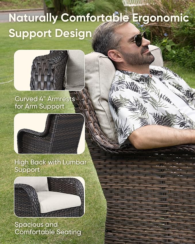 HUMMUH Wicker Patio Furniture High Back Swivel Rocker Patio Chairs Outdoor Bistro Set with Ottomans Side Table for Porch Garden Deck