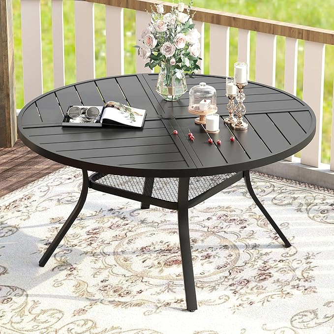 VICLLAX 7 Pieces Patio Dining Set for 6, Outdoor Furniture Set Includes 47.2" Outdoor Round Table and 6 Patio Swivel Chairs for Lawn Garden, Black Tabletop and Mixed Brown Fabric