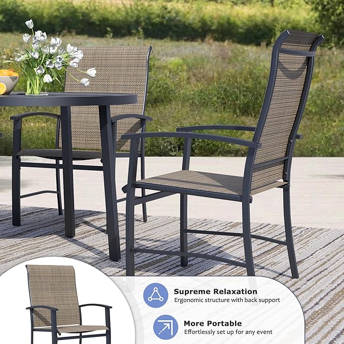 Outdoor Dining Chairs Set of 4, Stackable Patio Chairs with Metal Frame & Textilene Fabric, Perfect for Patio Garden Deck, Mocha