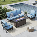 MFSTUDIO 4 Pieces Outdoor Patio Furniture Set, Metal Outdoor Conversation Set, Rattan Wicker Patio Sectional Set with 2 x Rocking Single Sofa, 3-Seat Sofa, 1 x Fire Pit Table, Blue