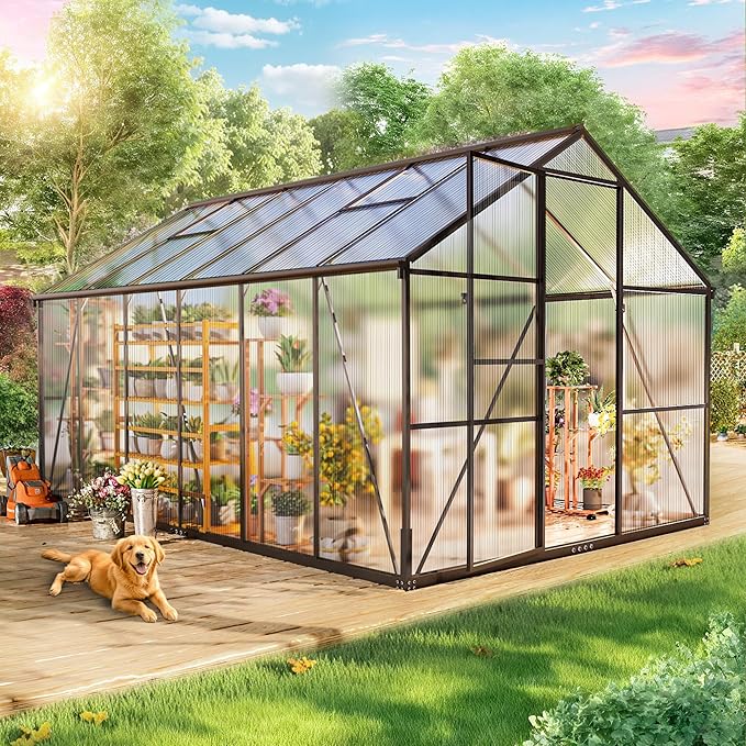 Wanan 12x8FT Greenhouses for Outdoors, Quick Assembly Polycarbonate Green House with UV Protection, Heavy Duty Windproof Aluminum Frame, Adjustable Roof Vent for Backyard or Outdoor Garden Use