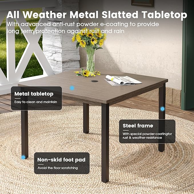 DIFY 40.2" Square Patio Dining Table for 4, Outdoor Metal Dining Table with 1.57" Umbrella Hole for Backyard Lawn Garden, Grey Wood-Like