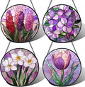 Stained Glass Window Hanging 4 Pcs Set Purple Flower Theme Large 11.8" - Tulip Suncatcher Door Garden Sun Catcher Decor Birthday Christmas for Plant Lovers Woman Nana Men