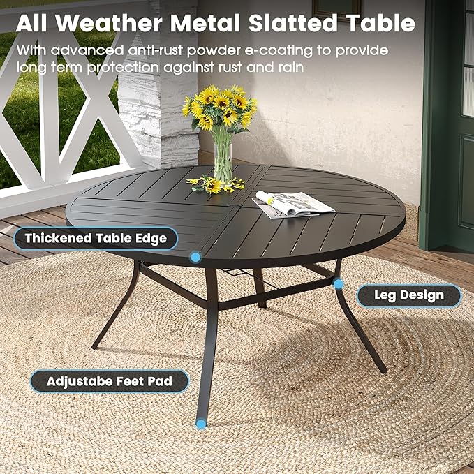 DIFY 7 Pieces Outdoor Patio Dining Set, 6 Brown Textilene Swivel Dining Chairs and 53.1" Black Round Metal Dining Table, Outdoor Table and Chairs