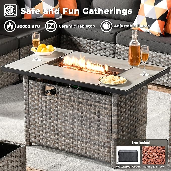 ovios 9 Pieces Patio Furniture Set, Outdoor Wicker Sectional Sofa with 42" Fire Pit Table Swivel Chair, Modern Modular Deep Seat Rattan Couch Conversation Sets, Black