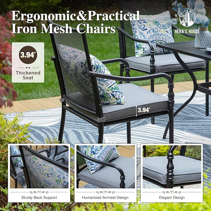 HERA'S HOUSE 7 Pieces Patio Dining Sets, Outdoor Table and Chairs Set, 6 x Dining Chairs with Rectangular Metal Table for Backyard Garden Lawn Restaurant