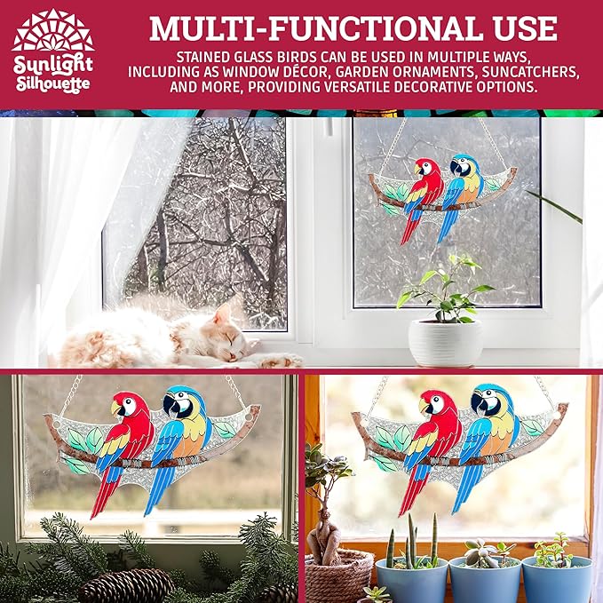 Macaw Bird Stained Glass Suncatcher on Branch 6.4" x 4" Indoor Window Decoration, Ideal Gift for Bird Lovers