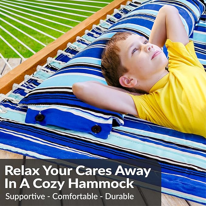 Sunnydaze Double Quilted Fabric Hammock with Universal Steel Stand - 450-Pound Capacity - Black Stand - Catalina Beach