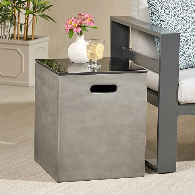 Propane Tank Cover Table for Fire Pits, 20 LB Concrete Propane Tank Holder with Side Handles, Outdoor Tank Storage Side Table for Patio, Gas Griddle, Black+ Gray, Ceramic Top