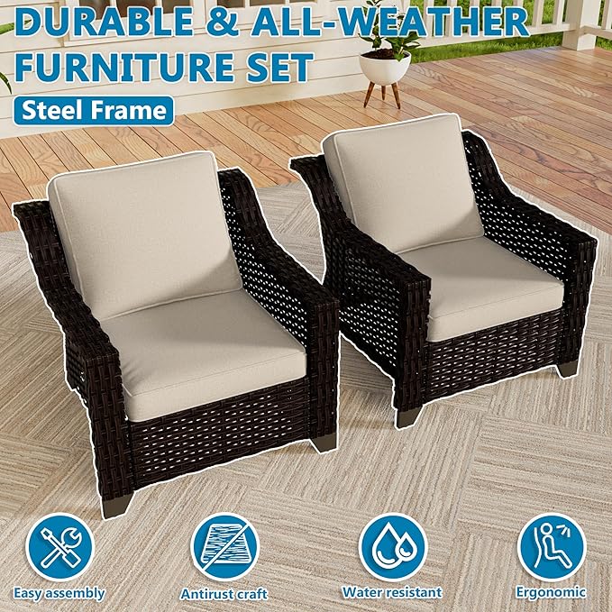 Vista Vibe 2 Pieces Outdoor Armchairs, Patio Conversation Furniture Set, Washable Cushions, Luxurious Hand-Woven PE Rattan, Garden, Bistro, Deck, Backyard (Brown/Beige)