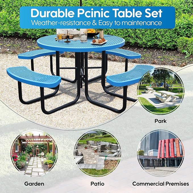 8-Person Picnic Tables for Outdoors, Industrial 46" Expanded Metal Round Picnic Table with 4 Benches & Umbrella Hole, Outside Table and Bench Set for Park, Garden, Backyard, Patio, Blue