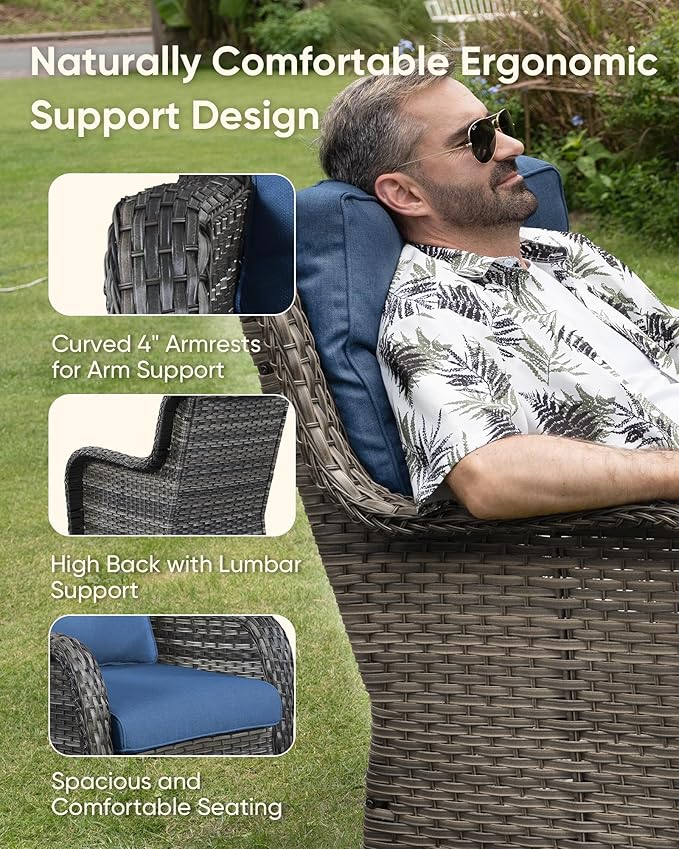 HUMMUH 6-Piece Patio Furniture Set with Fire Pit Table Wicker Outdoor Swivel Rocker Patio Chairs High Back Loveseat Conversation Set for Porch, Backyard, Deck